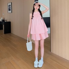 AIRASI 빅사이즈 민소매 A라인 루즈핏 배가리 상의 +배받침 반바지 맘 외출 레저룩 임산복 투피스 세트