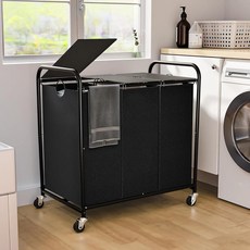 180L (47.55 Gal) Laundry Sorter 3 Section Rolling Laundry Basket with Lockable Wheels and Lid La, Black