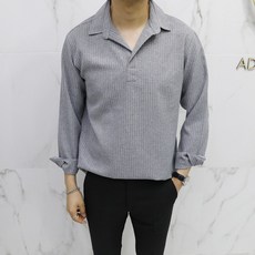 條紋半開亨利領長袖襯衫