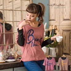 眼圈熊 中大尺碼 X148 英文印字抓皺兩件式長袖上衣 舒適親膚