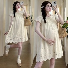 Neirny 임산부 반팔 원피스 여름 냉장고 임부복 키작녀 데일리 기질 쿨링 소프트 패션 루즈핏 프렌치 펀칭 미디 스커트