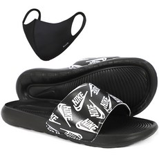 NIKE 男款Logo印花拖鞋+鳥嘴型口罩, 250, 黑,白