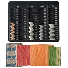150개의 구색 동전 포장지가 포함된 L LIKE 1PCS 코인 카운터 트레이-코인 분류 트레이 - 조직 페니 니켈 다임스 및 쿼터용 5개의 구획 슬롯 은행 가정 사무실에, Black