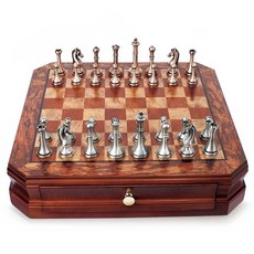 復古金屬質感國際象棋，比賽標準配置，附收納抽屜, 1個, 红华章-扫铜+扫银30X30cm