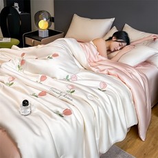 輕奢水洗冰絲夏被四件套A類空調被刺繡夏涼被三件套夏季薄被子, 1個, 鬱金香-奶白粉:單夏被 (1.5*2.0米 )約1kg