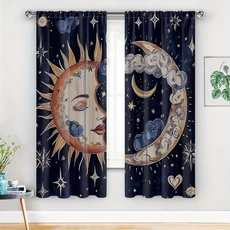 2D 플랫 35x90in*2pcs 2pcs 클래식 Boho 천상의 블랙아웃 커튼 폴리에스테르 룸 다크닝 커튼 태양과 달