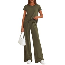 PRETTYGARDEN Women's 2026 Summer 2 Piece Matching Lounge Sets Short Sleeve Shirts Tops Wide Leg Pa, Army Green