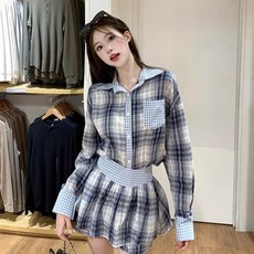 COSYEVNO 여성투피스세트 가을 빅사이즈 체크 빈티지 엘레강스 패션 루즈핏 캐주얼 스포티 컴포트 숏 셔츠 + 스커트 투피스 CXJtz-52