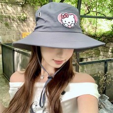網紅 Hello Kitty 漁夫帽 登山帽 寬帽簷 遮陽帽 適用於夏季戶外徒步旅行與露營, 灰kt貓漁夫帽