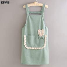 DFMEI 罩衣圍裙 防污耐髒家用廚房工作服, 1個, 揹帶條絨蝴蝶結兔綠:如圖
