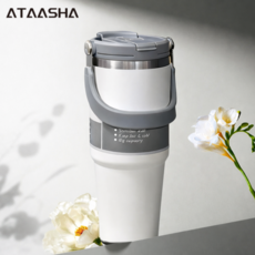 Ataasha 대용량 텀블러 보온보냉 스테인리스 빨대 보온병, 흰색, 1개, 900ml