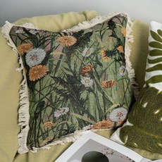綠色植物刺繡抱枕 復古油畫沙發客廳靠墊 臥室靠背枕套, 野趣花影,45*45cm（僅枕頭套）