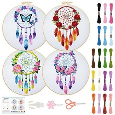 BEUNITONE 초보자를 위한 Spring 난쟁이 자수 키트 DIY 스탬프 십자수 공예 4가지 사전 인쇄된 디자인 실 바늘 홈 데코용 원단을 포함한 완벽한 올인원 세, 드림캐쳐