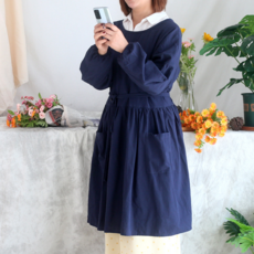 韓式全棉長袖罩衣，附口袋，適合家務清潔，廚房工作服, 藍色