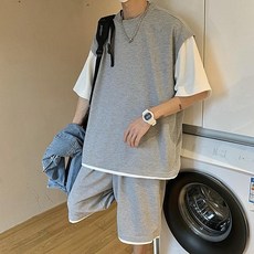 [모로엠] 남성 레이어드 반팔 반바지 세트 셋업 DMS-SETA-Q3547404