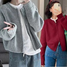 素色雙拉鍊短版針織外套 時尚百搭