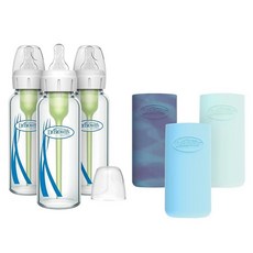 미국출고 평점4.5+ 234899 닥터 옵션스 플러스 내로우넥 유리 젖병 250ml & 슬리브 각 3개입, Glow/Blue/Mint, 8 oz