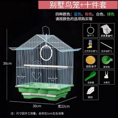 小型鳥籠子牡丹珍珠文鳥虎皮鸚鵡別墅金屬屋頂觀賞籠鐵藝繁殖鳥籠, 1個, 鳥籠+十件套,綠色