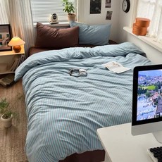 블루 스트라이프 워싱 면 침구 4종 세트 이불커버+침대시트+베개커버