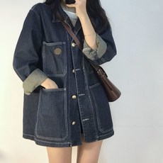 퀸앤조이 여성 봄가을 루즈핏 데님 스티치 빅포켓 청자켓 빅사이즈 데일리 캐주얼