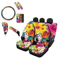 Forchrinse Bee Flower 카시트 커버 풀 세트 여성용 남성용 프론트 백 스플릿 벤치 및 스티어링 휠 커버 안전벨트 패드 코스터 키체인 범용 핏 트럭 SUV 또는, 열대 히비스커스 꽃