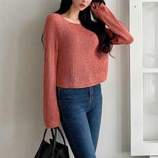 뜨개진 여성용 시스루 여리핏 펀칭 세미크롭 나그랑 셰리나 라운드 니트