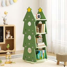 旋轉聖誕樹趣味書架 兒童繪本架 收納櫃 置物架 落地家用 四面收納, 聖誕樹旋轉書架/收納架 綠色