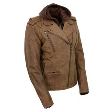 Milwaukee Leather 밀워키 레더 MLL2511 여성용 'Damsel' 빈티지 크레이지 호스 브라운 가죽 재킷 탈착식 후디 포함 5XL, Small