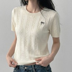 SOSISI 여성 케이블 반팔 니트 라운드 자수 여름 티 풀오버 43088