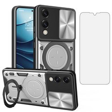 삼성 갤럭시 S25 엣지 슬라이드 카메라 마그네틱 커버 강화 유리 스크린 프로텍터 및 링 홀더 스탠드 하이브리드 모바일 셀 액세서리 S25Edge 25S S 25Edge 여성용, Silver, 1개