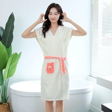 無品牌 穿式浴袍浴裙 吸水速乾 居家服, 奶白 口袋綁繩款,40.0-85.0公斤可穿