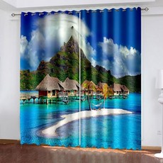 리르진 블랙아웃 커튼 거실용 열 차단 창문 커튼 아이렛 산과 바다 휴양지 풍경 어두운 커튼 침실용 블루 그린 브라운 96 x 108 인치