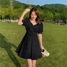 法式桔梗初戀甜美泡泡袖露背連衣裙女童夏裝 小個子甜美可愛風