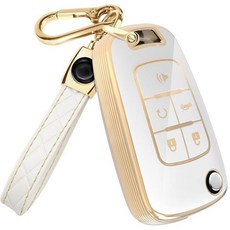 Lucrum GMC & 쉐보레 키 포브 커버 및 가죽 키체인 - Suburban Acadia Sierra Tahoe Yukon 전용 TPU Keyfob 케이스 - 2014-20, Type 4 - 5 Buttons, 화이트