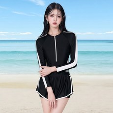 메이리앤 여성 래쉬가드 슬림핏 반집업 긴팔 일체형 원피스 수영복, 블랙