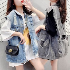 JUSTFEELING 여성 청조끼 데님 데일리룩 상의 베스트 오버핏 청자켓 아우터 가디건 빅사이즈 코트 여자조끼 데님베스트 D10U