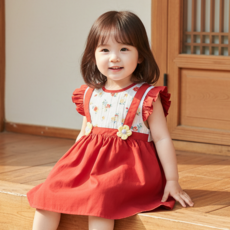 몽실이 러플소매 플라워 레드원피스 여아 여름 드레스