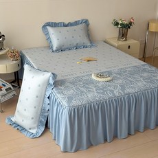 夏季A類乙綸PE提花冰豆豆涼蓆三件套夏天冰絲席涼感空調房軟席子, 玫瑰-天藍  牀裙款【涼感絲滑-親膚可裸睡】