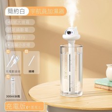 家用臥室靜音桌面霧化器空氣噴霧便攜式大容量加濕器, 宇航員加濕器+水瓶 充電款-白色