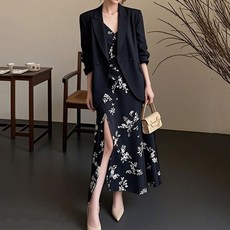 FANSYLI 여성 정장 원피스 세트 하객룩 심플 루즈핏 정장 재킷+프린트 나시 원피스 투피스 봄여름 정장 코트 롱 트임 원피스 세트 빅사이즈 오피스룩 XR2601J26