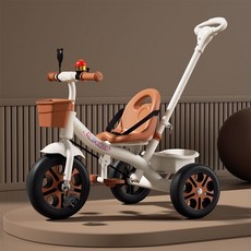 兒童三輪車 1-6歲 二合一手推車 絲絨摩卡高配彩輪+推把, 1個, 丝绒摩卡高配彩轮+推把