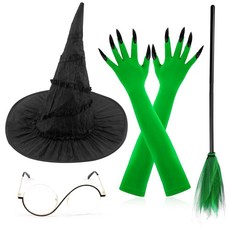 여성용 마녀 코스튬 액세서리 블랙 마녀 모자 성인용 안경 그린 클로 장갑 할로윈 코스프레 파티 드레스 업 의상
