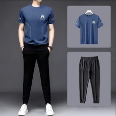 臺灣新款NEW冰絲休閒運動套裝男夏季男士戶外圓領短袖薄款彈力透氣兩件套