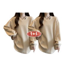 Gureumshin 1+1 도톰한 오버핏 빅사이즈 여성 긴팔 맨투맨 티셔츠 가을 데일리 브이넥 상의