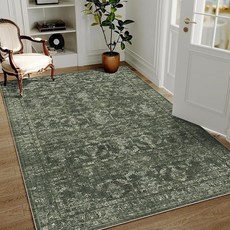 DUIDY 2x6 Gray Runner Rug Hallway Non Slip Washable Area Rugs Kitchen Soft Vintage Boho Long Rug D, 다크 그린