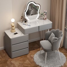 L型化妝桌含收納櫃化妝鏡 歐式梳妝台六斗櫃 大容量免安裝, 奶油灰+雲朵鏡+三鬥櫃+化妝椅,80CM實木軟包全實木梳妝臺桌面