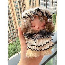 SP 스컬판다 팝마트 정원 겨울 음악 판다 드레스 인형 인형옷 소품, 아기 옷 + 머리 장식 액세서리에는 인형이 포함되지 않, 실버 블랙 세트