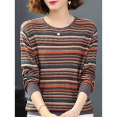여성 라운드넥 루즈핏 스트라이프 니트티 긴팔 스웨터 티셔츠