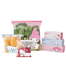 [그루비마켓] 공식 정품 산리오 슬라이드 지퍼백 세트 Sanrio 키티 마이멜로디 시나모롤 밀봉 가방 식품 등급 냉동 가능 가정용 두꺼운 지퍼백 지퍼락 냉장고 식품 신선 유지 가방, 대/중/소 각 1박스(총 55개입/네임펜), 1개