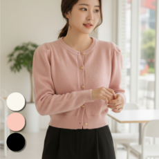 핏몬 여성 퍼프소매 라운드넥 크롭 니트 가디건
